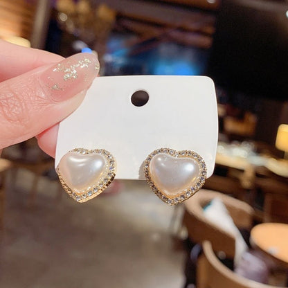 2023 New Korean Style Contracted Heart Pearl Earrings For Women Sweet Flower Zircon Geometric Stud Earring Girl Party Jewelry